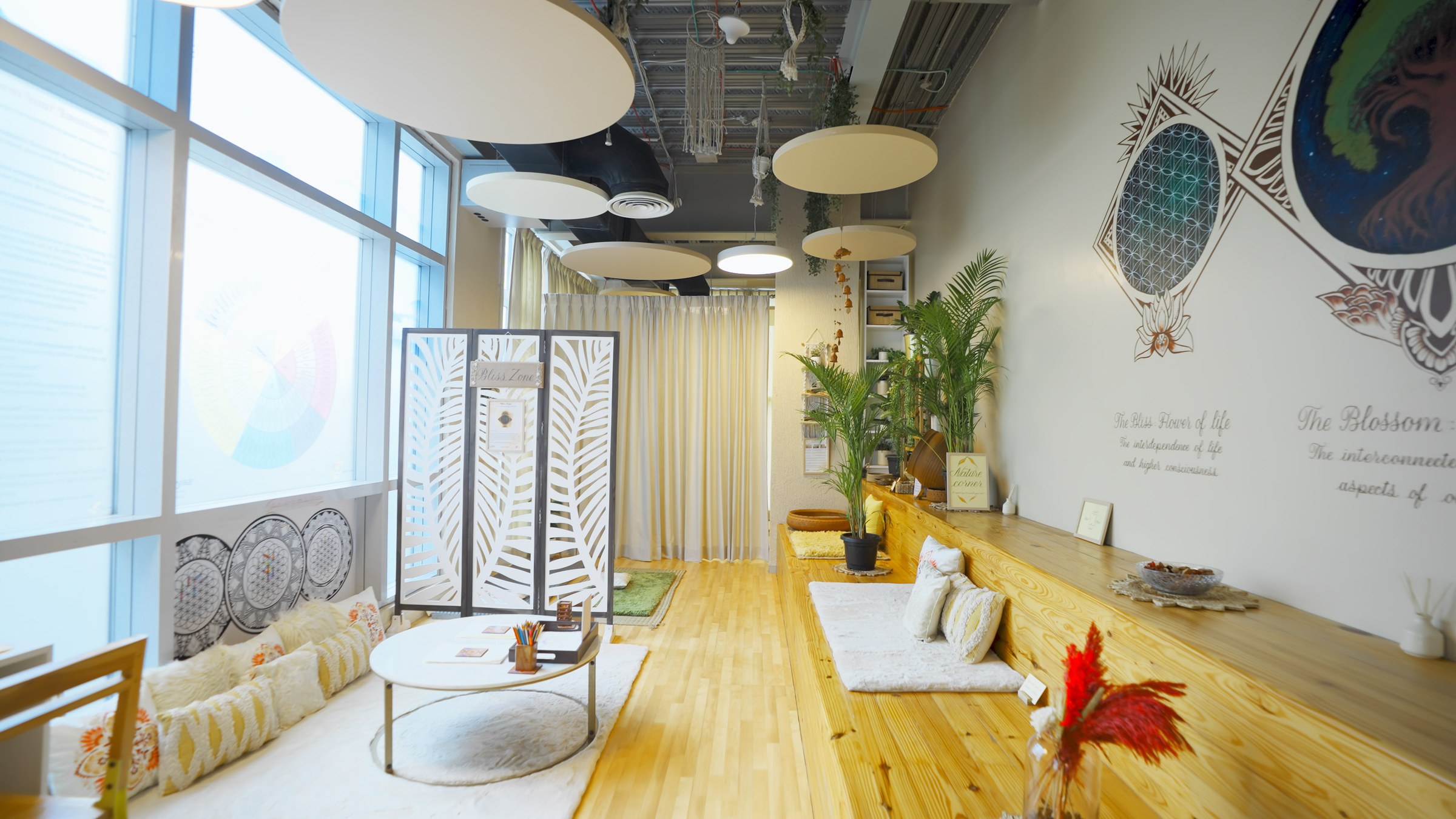 Looking into a Zen Garden from the office floor: planting, low seating and soft screens, with the working floor visible behind
