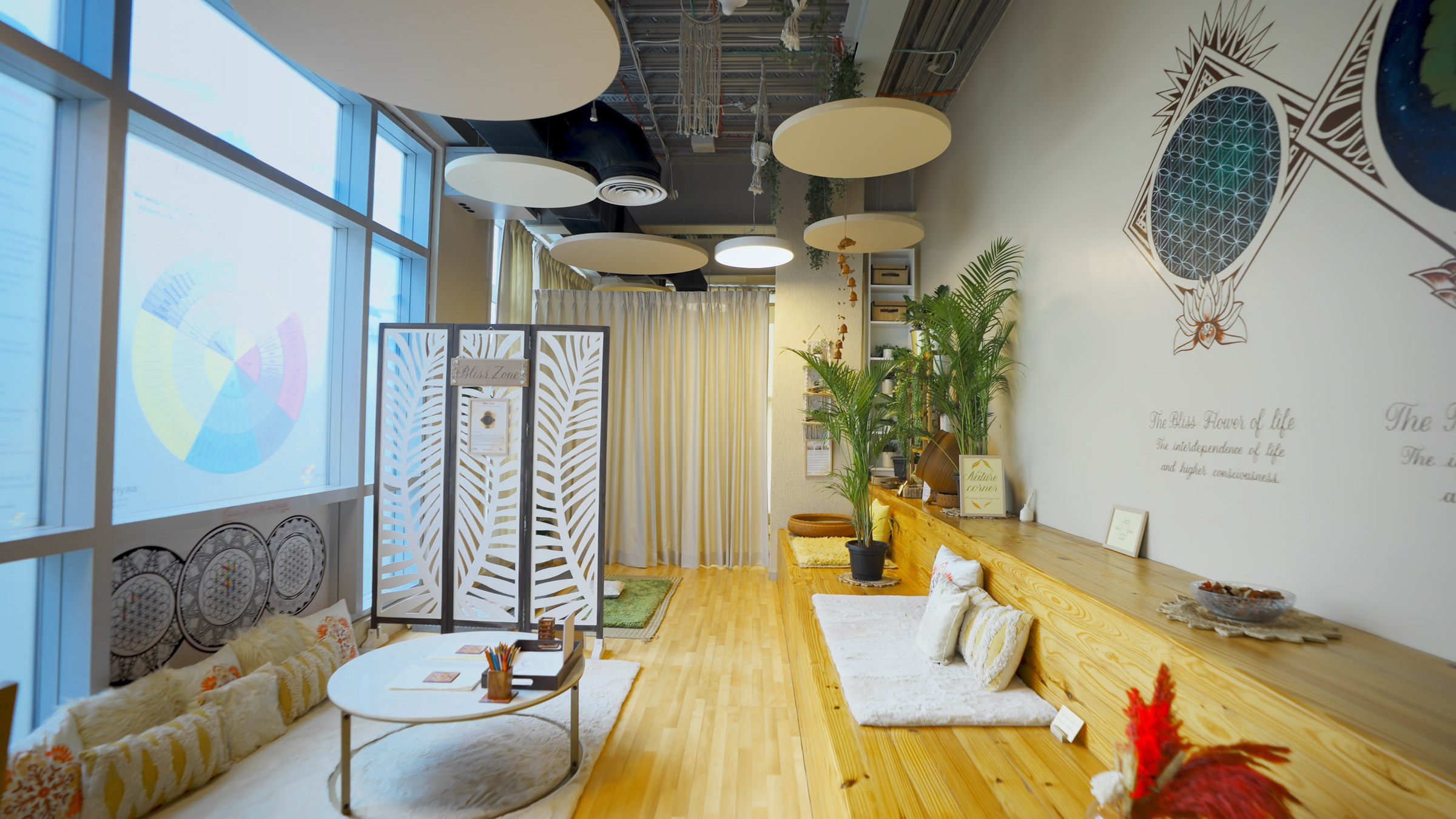 Inside a Zen Garden: natural light, live planting, floor seating and soft screens dividing the three zones