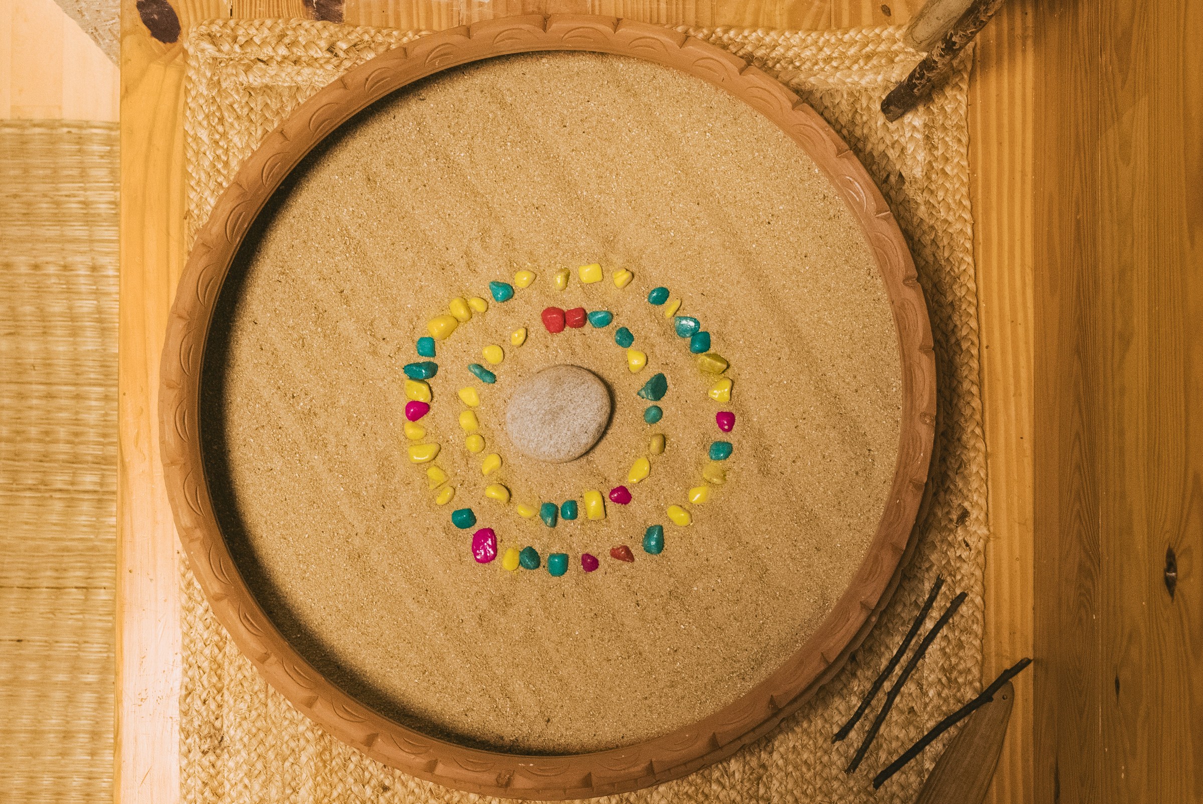 The wooden emotion wheel mounted on the wall of the Blossom zone