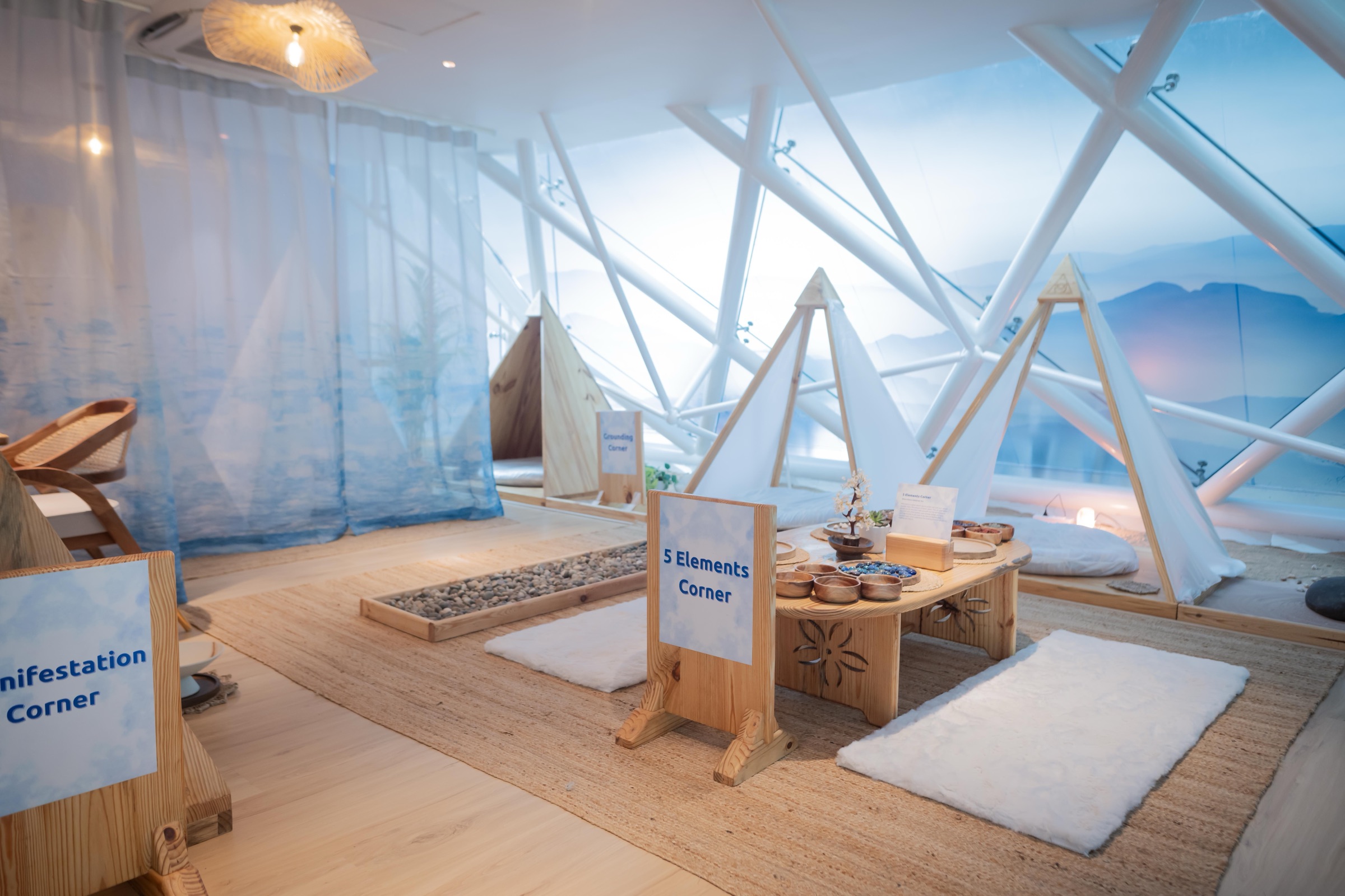 Inside the dome: the Grounding, 5 Elements and Manifestation corners, each marked with its own sign