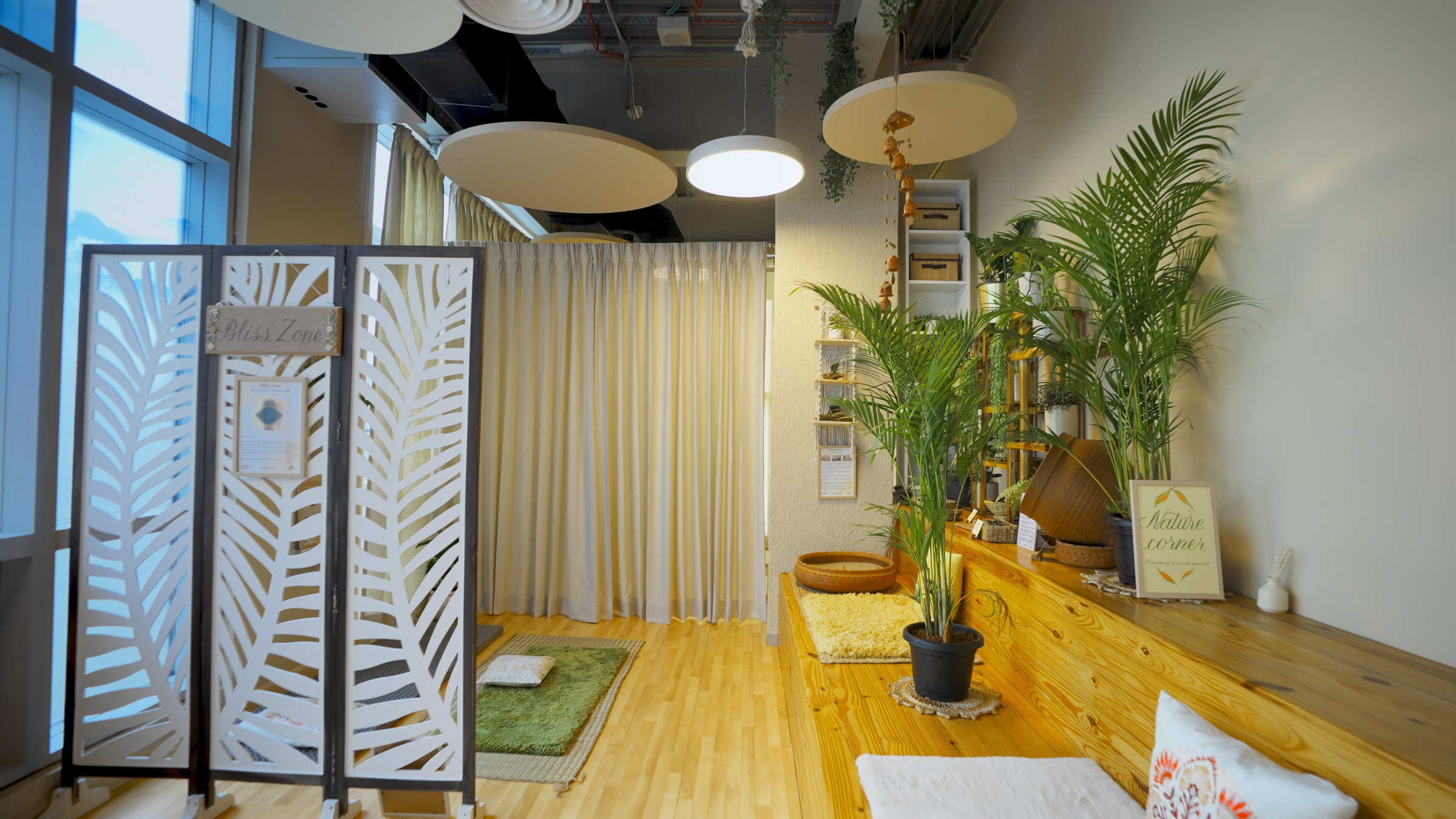 A Zen Garden installed inside an office floor: planting, floor seating and soft dividers between zones