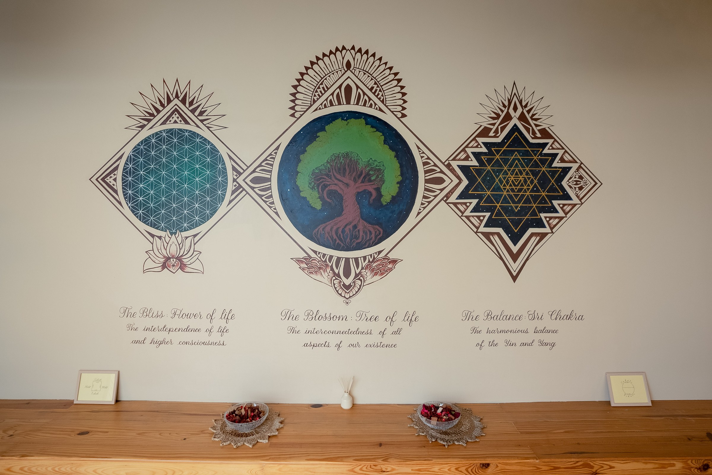 Sacred geometry wall panels marking the threshold of each zone