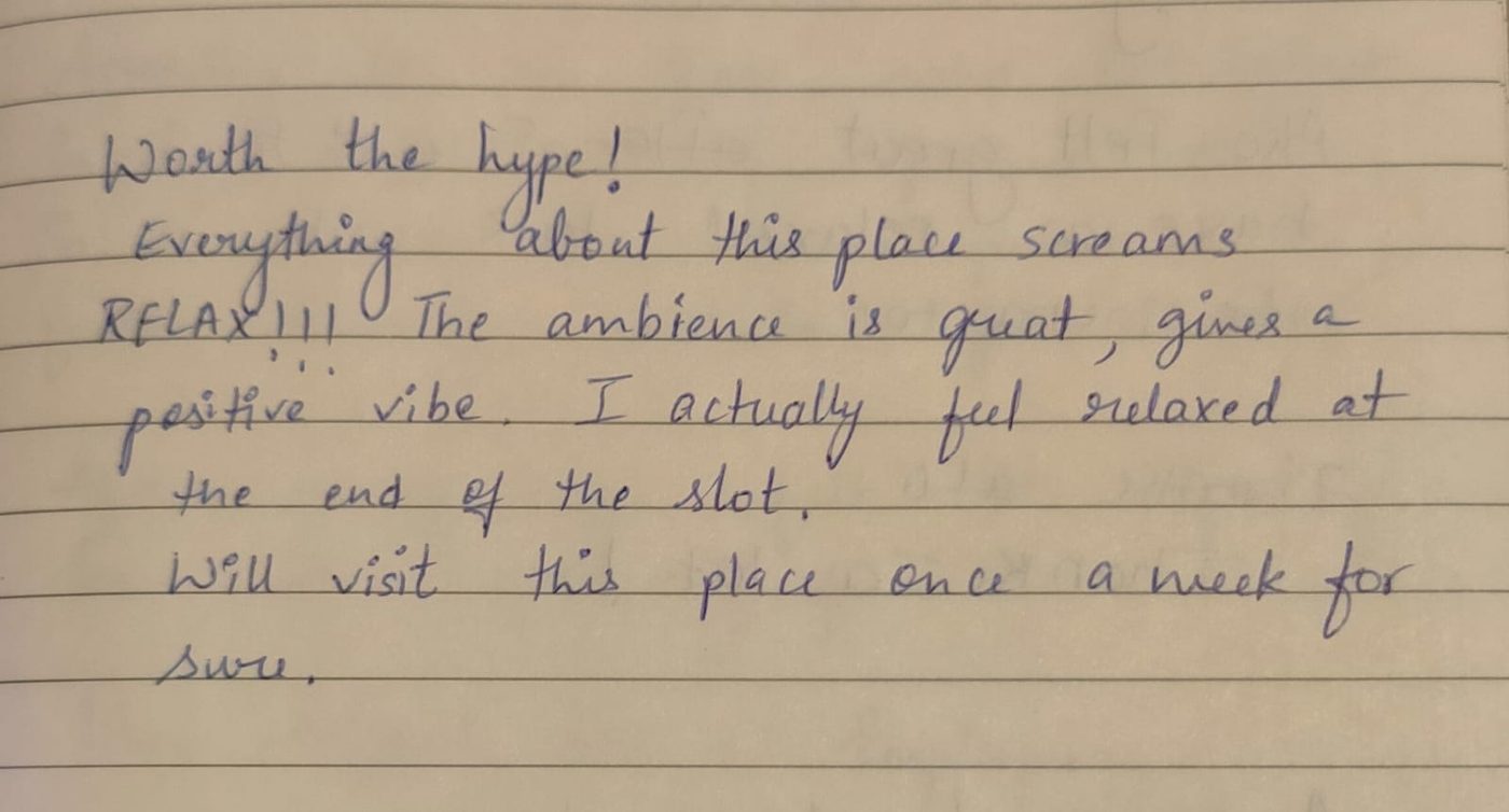Handwritten testimonial card from a Zen Garden visitor