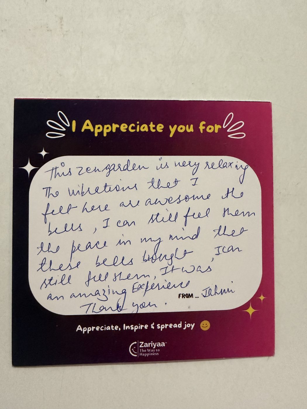 Handwritten testimonial card