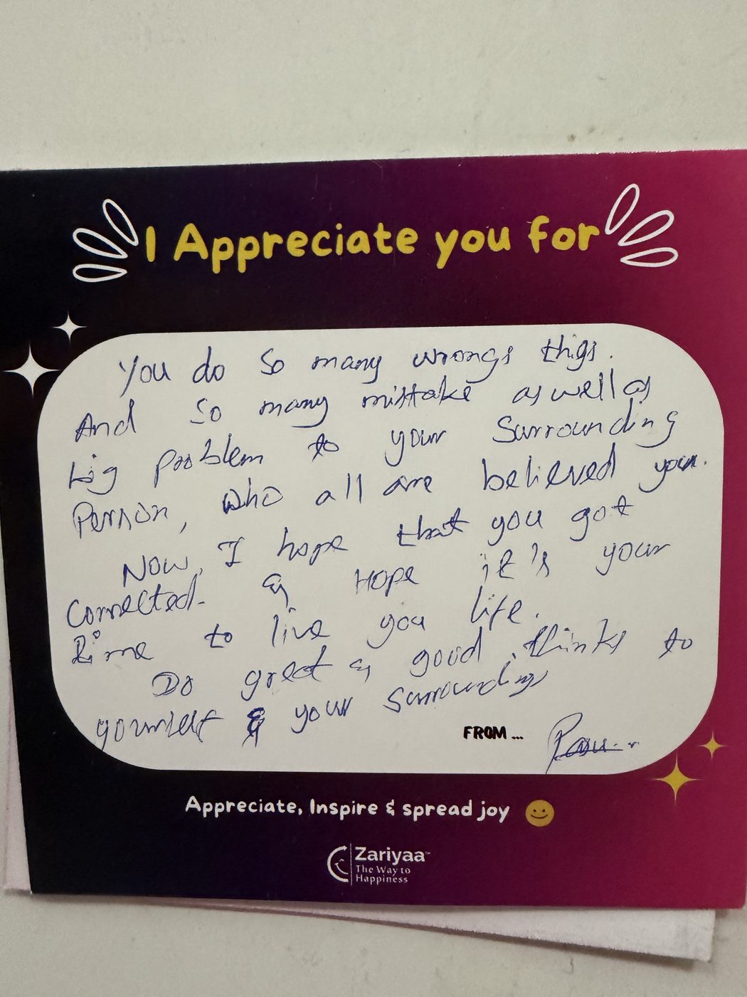 Handwritten testimonial card