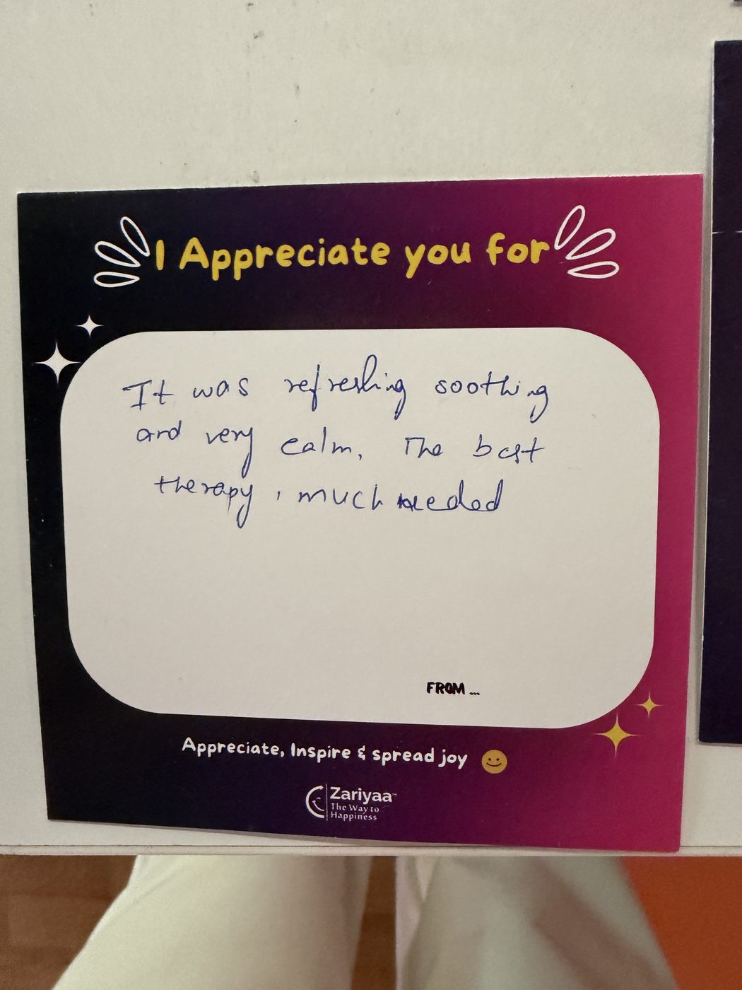 Handwritten testimonial card