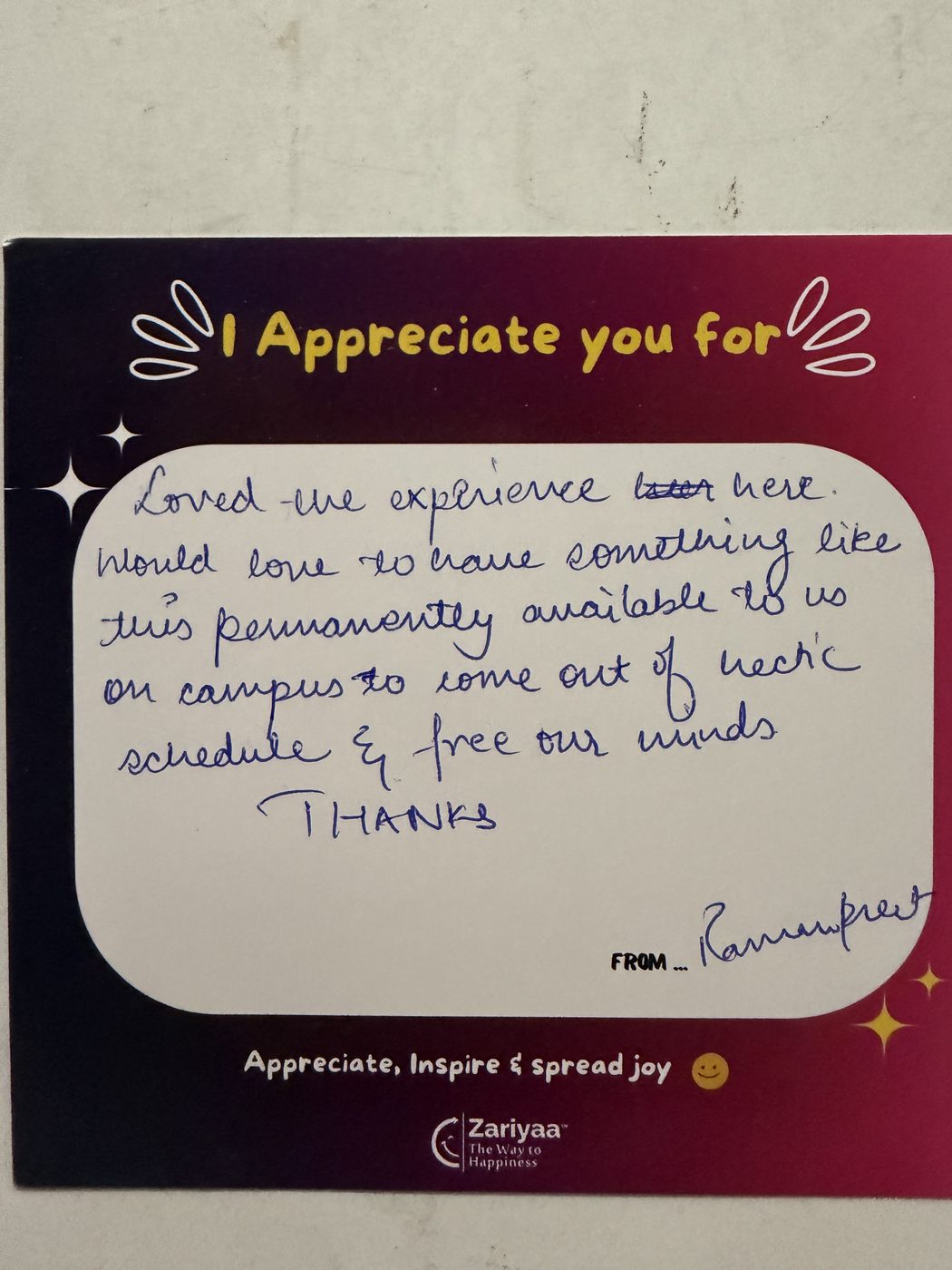 Handwritten testimonial card